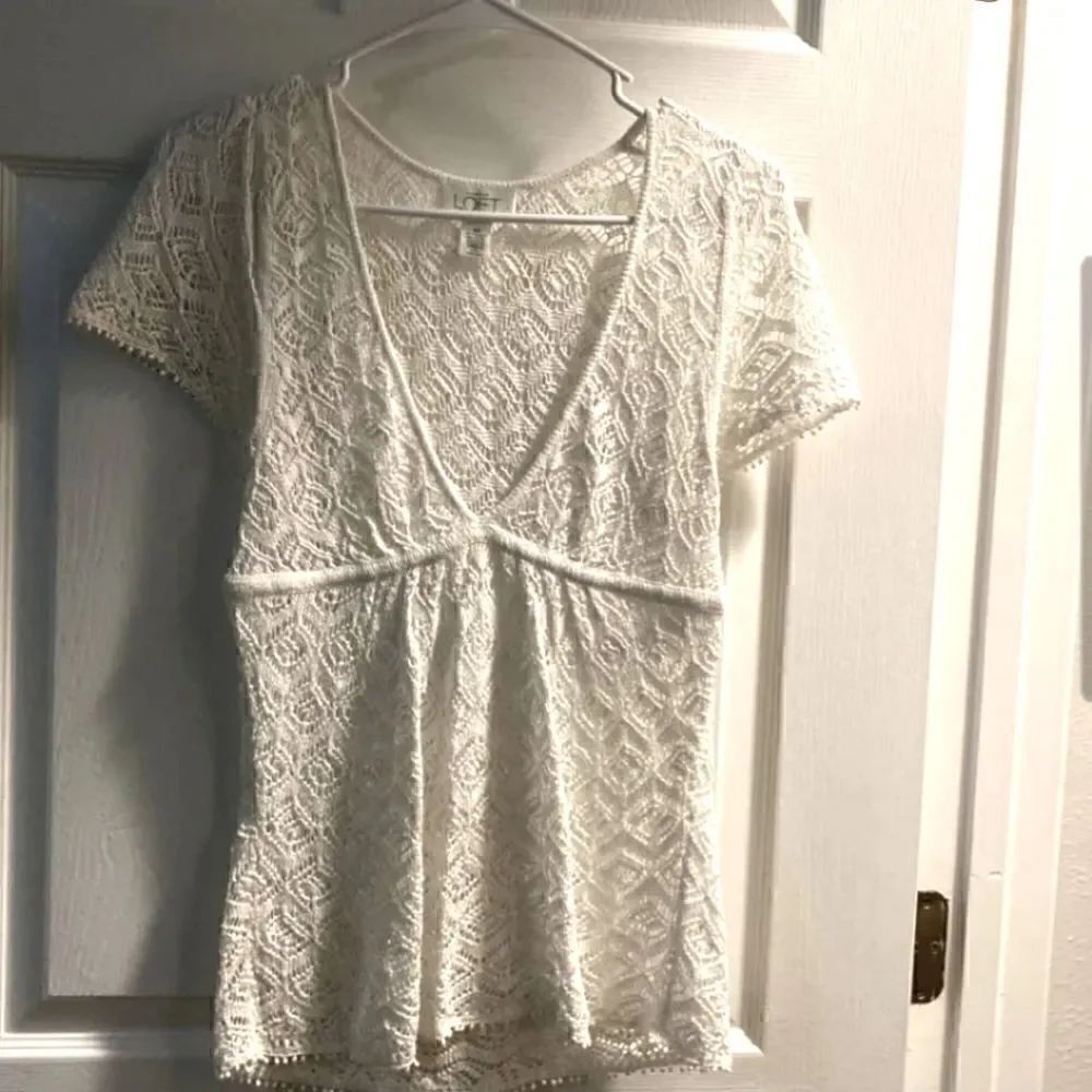 LOFT Crochet Lace V Neck Top White